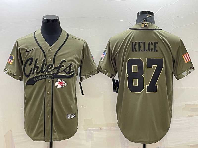 Men%27s Kansas City Chiefs #87 Travis Kelce 2022 Olive Salute to Service Cool Base Stitched Baseball Jersey->kansas city chiefs->NFL Jersey